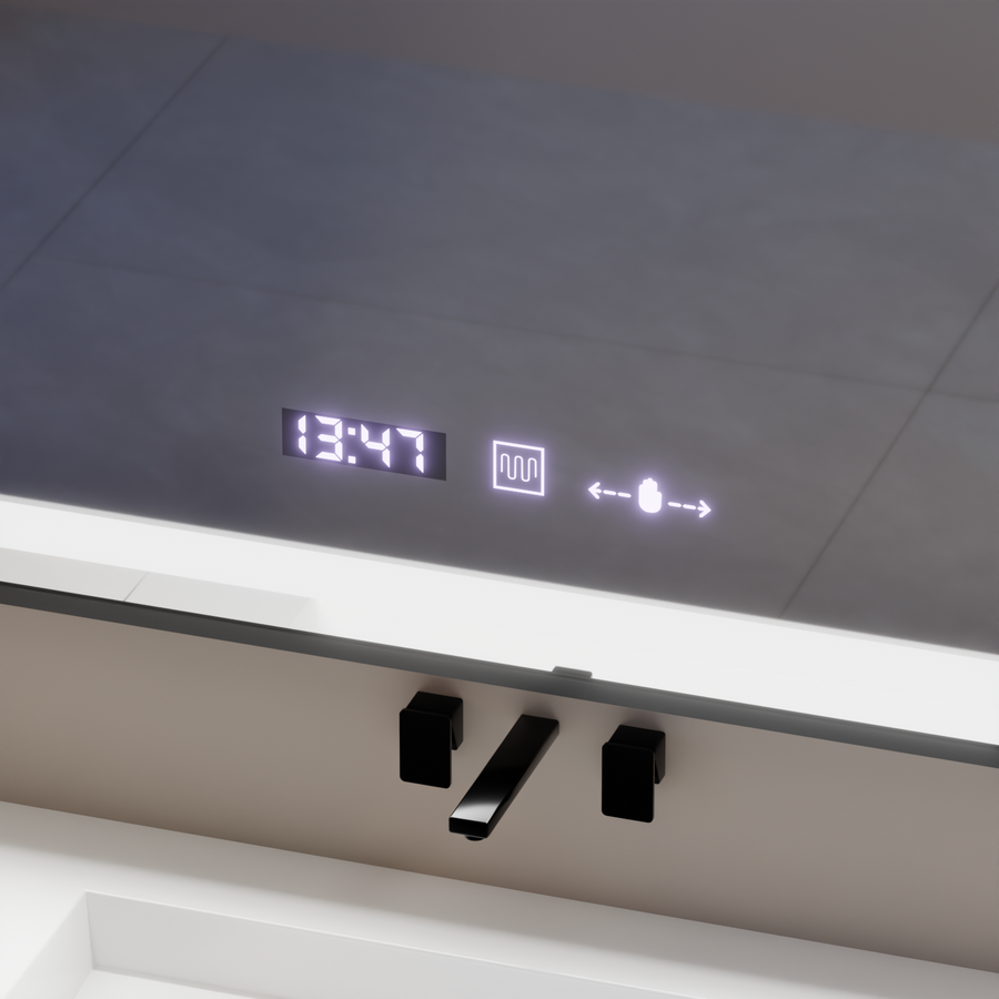 Miroir LED rectangulaire, 80x60 cm, Verite Majeste Noir Motion Glow Marcello, système anti-buée, horloge et thermomètre, intensité variable