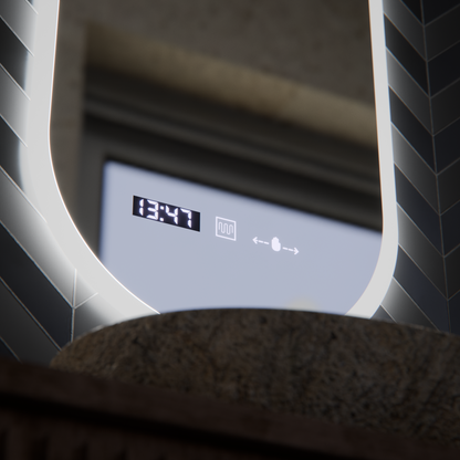 Miroir LED ovale, 50x100 cm, capteur Lucia Marcello, système antibuée, horloge et thermomètre, intensité variable