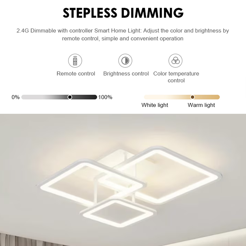 Lustre LED avec télécommande ZOE, 60W, 3 Carrés, Lumière Froid/Chaud/Neutre, Gradable, Blanc