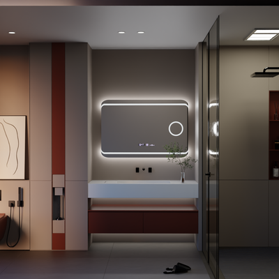 Miroir LED rectangulaire, 100x60cm, Definition MotionGlow Marcello, système anti-buée, horloge et thermomètre, loupe cosmétique, variable