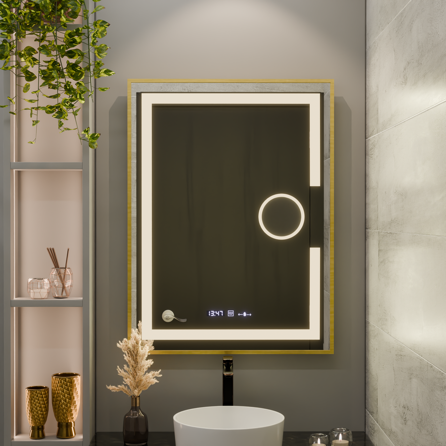 Miroir LED rectangulaire, 60x80 cm, Eclat MotionGlow Marcello, système anti-buée, horloge et thermomètre, loupe cosmétique, intensité variable, cadre doré brossé