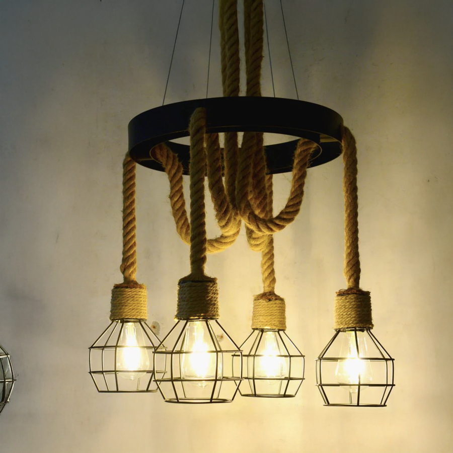 Lustre à roue LV580/4BK, 4*E27, marron, métal et ficelle