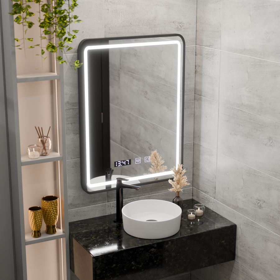 Miroir LED Tactile LUCIDA Système de Désembuage, Horloge et Température 50x70 cm Cadre Noir Brossé