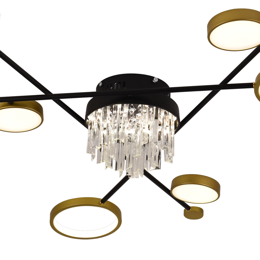 Lustre LED avec télécommande et cristal GUIDA 38W, 6 Éléments, Lumière Froide/Chaude/Neutre, Dimmable, Noir Or