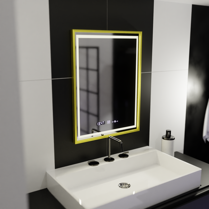 Miroir LED rectangulaire, 50x70 cm, Verite Royale Gold Motion Glow Marcello, système anti-buée, horloge et thermomètre, intensité variable