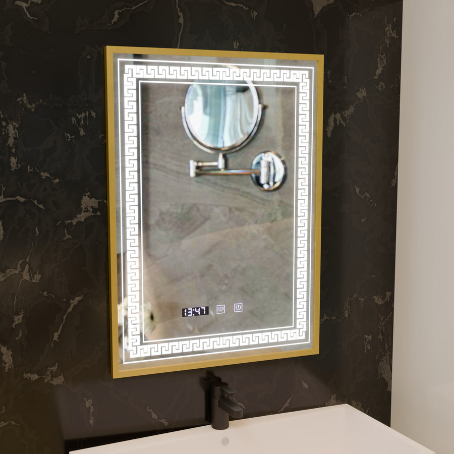 Miroir LED Touch Bruno, système anti-buée, horloge et température, 60x80 cm, cadre doré brossé, S84/60X80