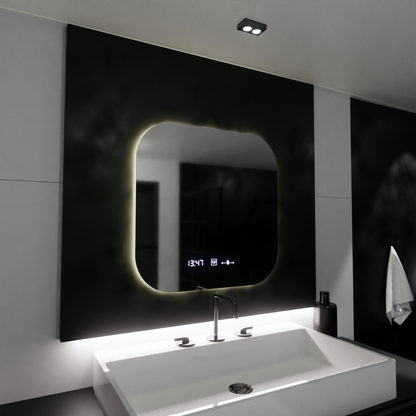 Miroir LED rectangulaire 60x60 Aura Riflesso Puro MotionGlow Marcello, système anti-buée, thermomètre et horloge, intensité variable