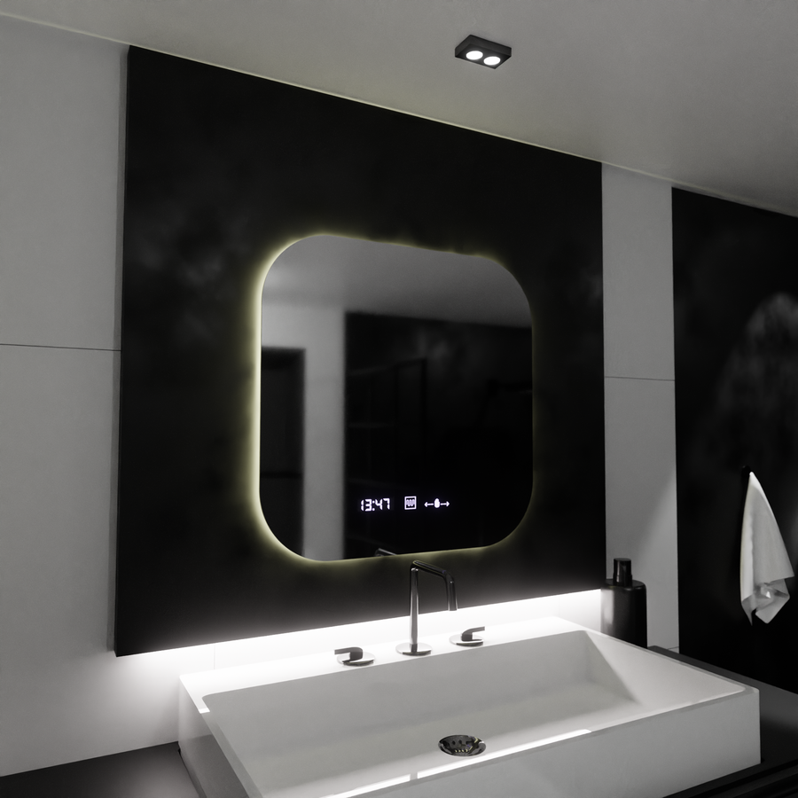 Miroir LED rectangulaire 60x60 Aura Riflesso Puro MotionGlow Marcello, système anti-buée, thermomètre et horloge, intensité variable
