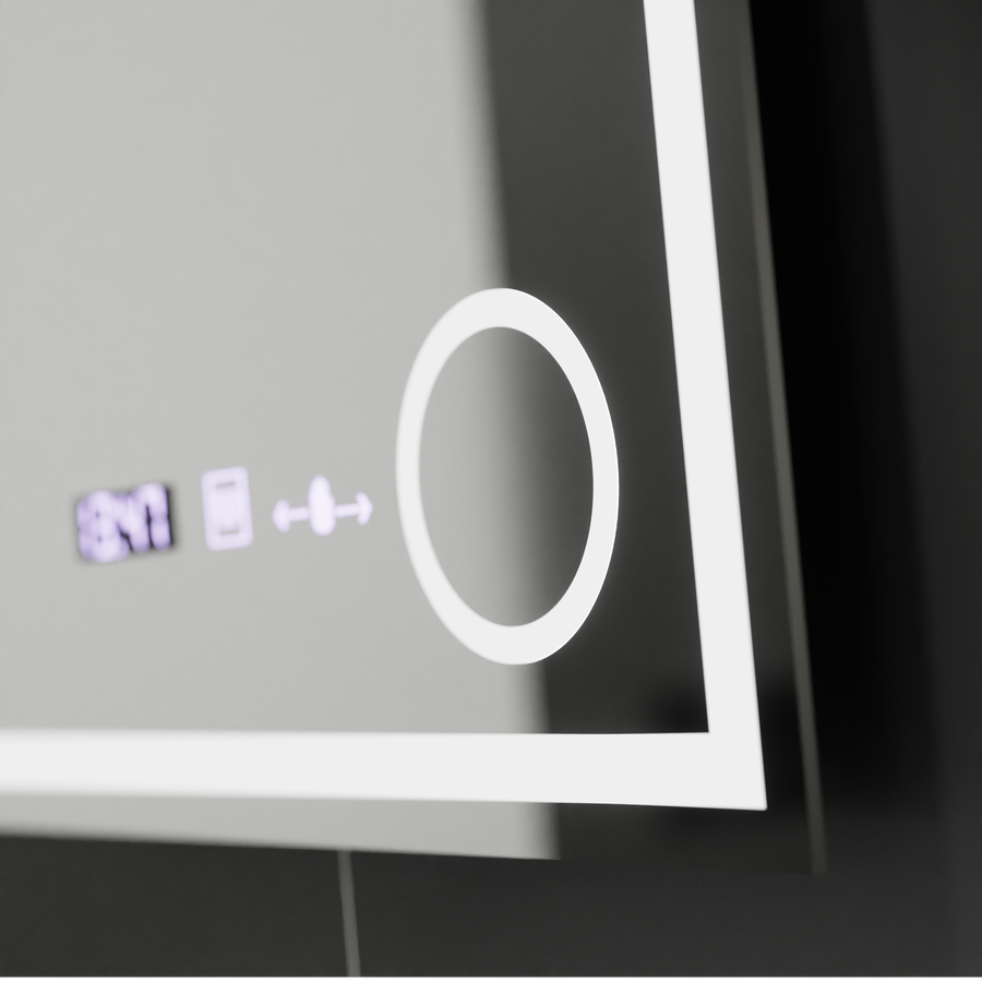 Miroir LED rectangulaire, 60x60 cm, Souverain MotionGlow Marcello, système anti-buée, horloge et thermomètre, loupe cosmétique, variable