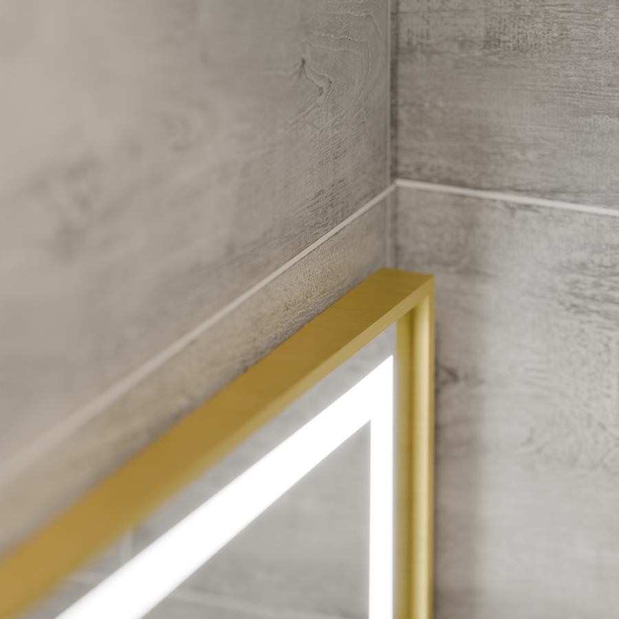 Miroir LED rectangulaire, 80x60 cm, Eclat MotionGlow Marcello, système anti-buée, horloge et thermomètre, loupe cosmétique, intensité variable, cadre doré brossé