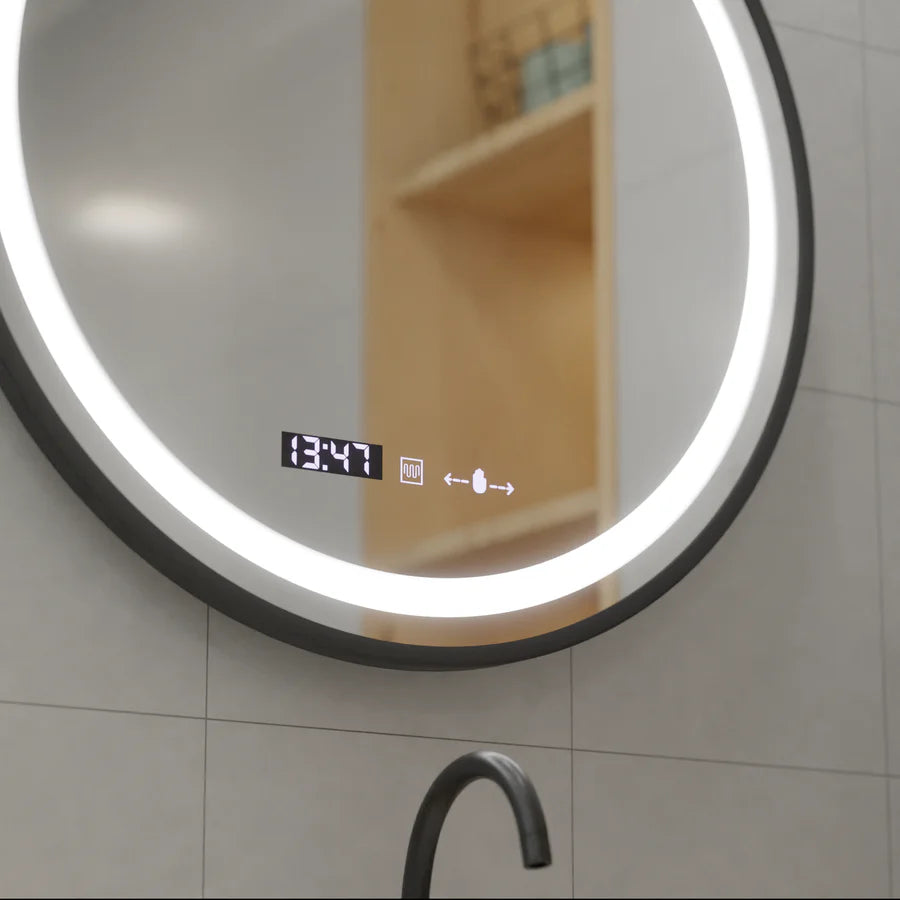 Miroir rond LED, 60 cm, Celeste Majeste Noir Eleve MotionGlow Marcello, système anti-buée, horloge et thermomètre, intensité variable