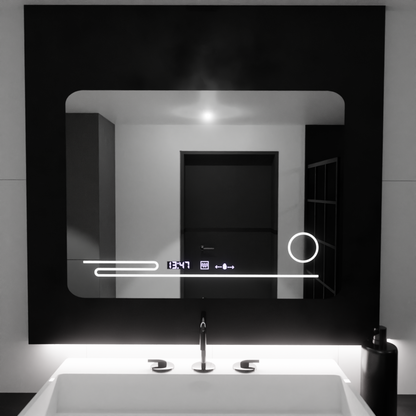 Miroir LED rectangulaire, 80x60 cm, Harmonie MotionGlow Marcello, système anti-buée, thermomètre et horloge, loupe cosmétique, intensité variable