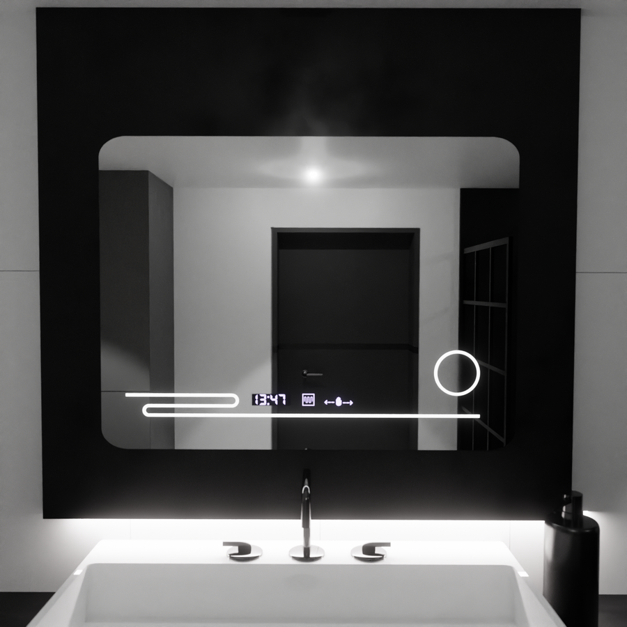 Miroir LED rectangulaire, 80x60 cm, Harmonie MotionGlow Marcello, système anti-buée, thermomètre et horloge, loupe cosmétique, intensité variable