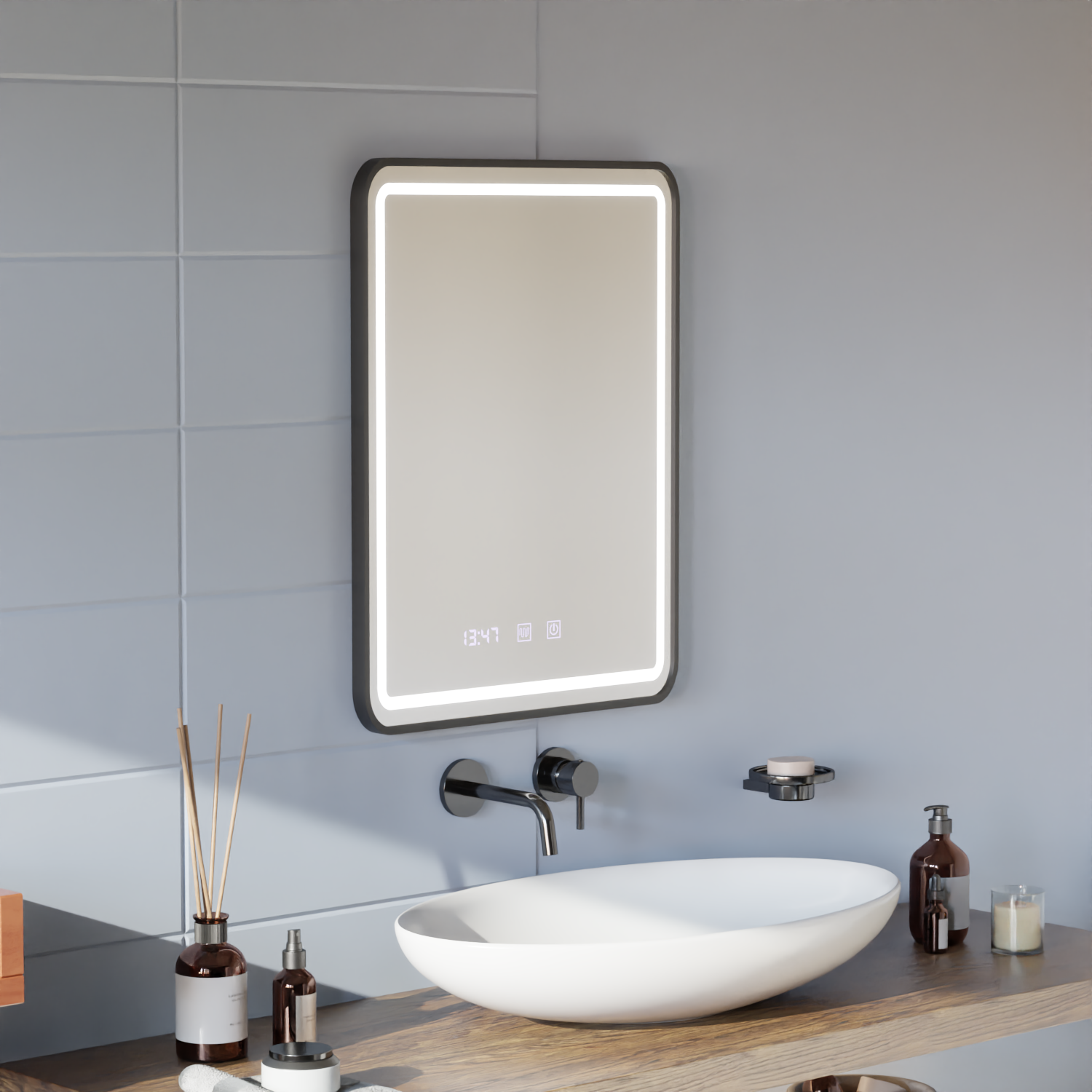 Oglinda LED Touch LUCIDA Sistem Dezaburire, Ceas si Temperatura 60x80 cm Rama Negru Brushed Oglinzi Korman S Default Title Alessandro Design