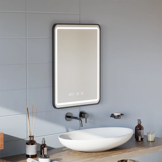 Miroir LED Tactile LUCIDA Système de Désembuage, Horloge et Température 60x80 cm Cadre Noir Brossé