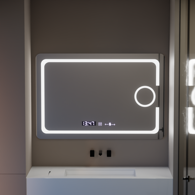 Miroir LED rectangulaire, 110x75cm, Eclat MotionGlow Marcello, système anti-buée, horloge et thermomètre, loupe cosmétique, intensité variable