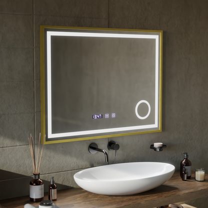 Miroir LED CLARUS Touch, système de désembuage, horloge et température, loupe cosmétique cadre or brossé 80x60 cm