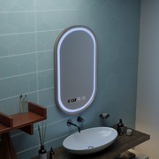 Konrad Miroir tactile LED avec système de désembuage, horloge et température, cadre doré brossé 50 x 80 cm, lumière froide neutre et chaude 3000 K/4000 K/6000 K.