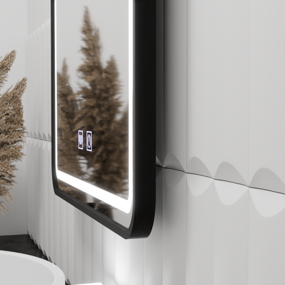 Miroir LED rectangulaire 90x75cm, système anti-buée tactile EDGE, cadre noir