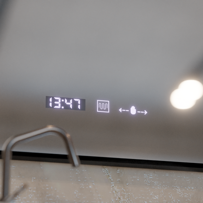 Miroir LED avec capteur MotionGlow Sofia avec fonction anti-buée Thermomètre Horloge 110x75 cm Lumière Chaude/Froide/Neutre Intensité Variable, Cadre Noir Brossé, Collection Marcello Funghi