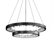 Lustre LED suspendu avec télécommande, Cristaux K9, 73W, 2 Cercles, 60 cm, Lumière Froid/Chaud/Neutre, Dimmable, Noir, Hauteur Réglable