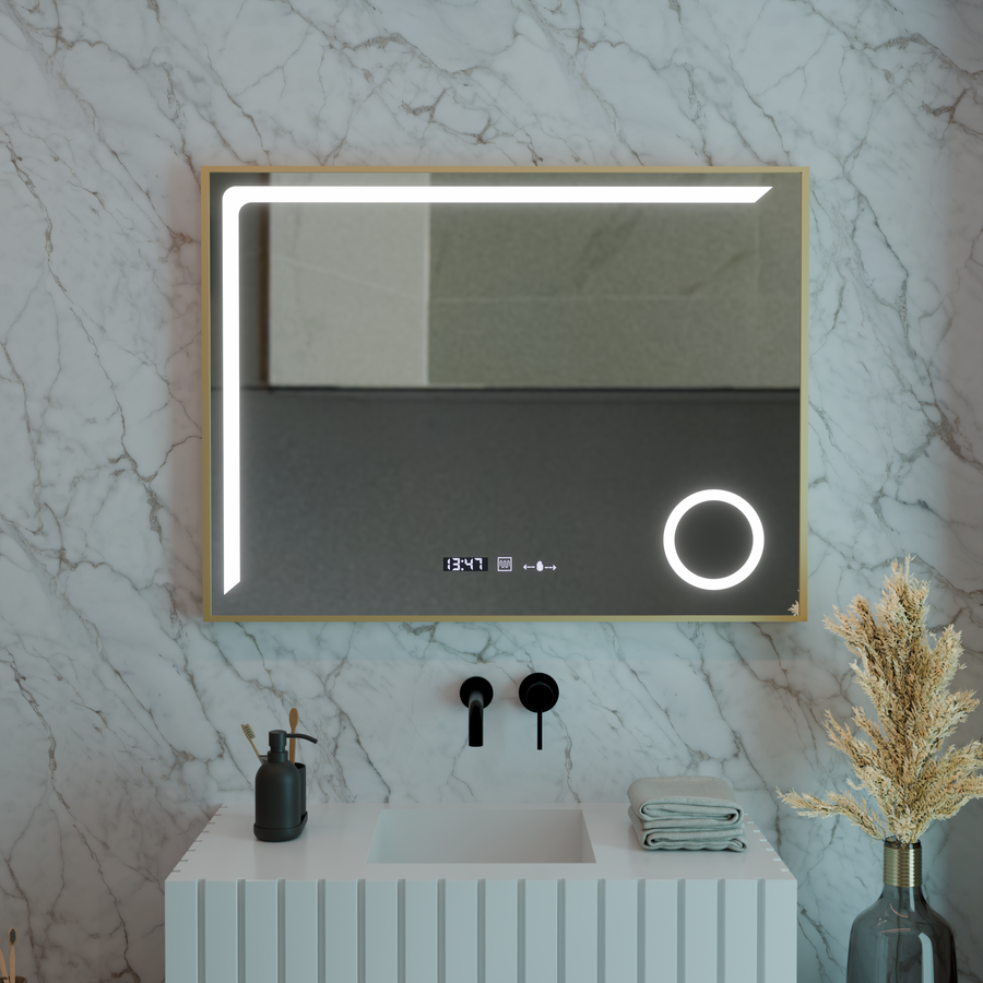 Miroir LED avec capteur MotionGlow Rosalia 80 x 60 cm Lumière chaude/froide/neutre Système anti-buée à intensité variable Thermomètre Horloge Collection Marcello Funghi