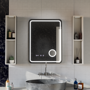 Ulrich Miroir Tactile LED Système de Désembuage, Horloge et Température Loupe Cosmétique Cadre Noir Brossé 60x80 cm