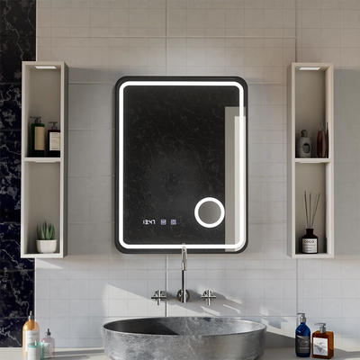 Ulrich Miroir Tactile LED Système de Désembuage, Horloge et Température Loupe Cosmétique Cadre Noir Brossé 75x90 cm