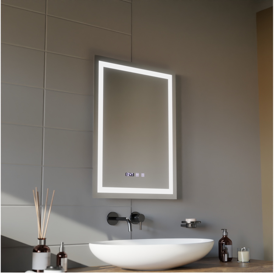 Miroir LED MODENA Touch Système anti-buée, Horloge et Température 60x80 cm