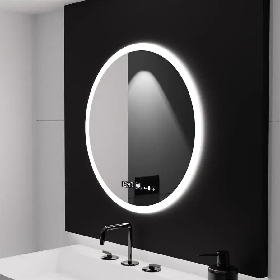GIULIA Miroir LED rond, 70 cm, capteur MotionGlow, système anti-buée, horloge et thermomètre, variable, Marcello Funghi