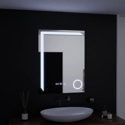 Miroir LED rectangulaire, 60x80 cm, Precision MotionGlow Marcello, système anti-buée, horloge et thermomètre, loupe cosmétique, variable