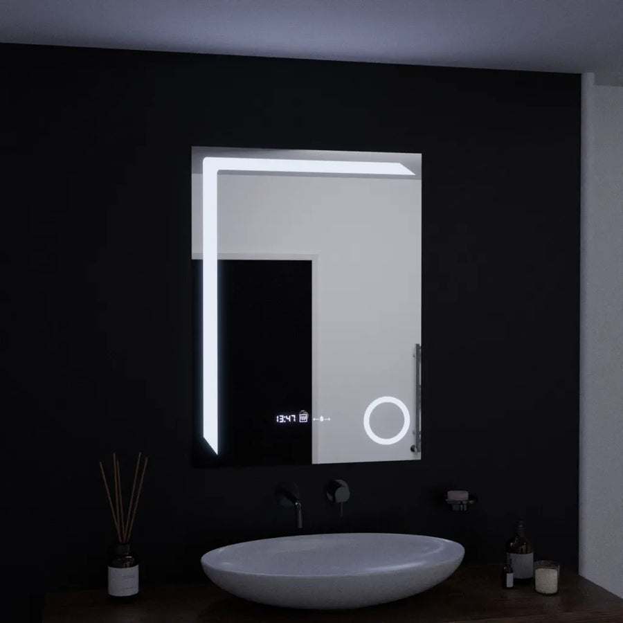 Miroir LED rectangulaire, 60x80 cm, Precision MotionGlow Marcello, système anti-buée, horloge et thermomètre, loupe cosmétique, variable