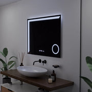 Miroir LED rectangulaire, 80x60 cm, Precision MotionGlow Marcello, système anti-buée, horloge et thermomètre, loupe cosmétique, variable
