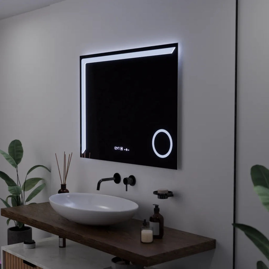 Miroir LED rectangulaire, 80x60 cm, Precision MotionGlow Marcello, système anti-buée, horloge et thermomètre, loupe cosmétique, variable