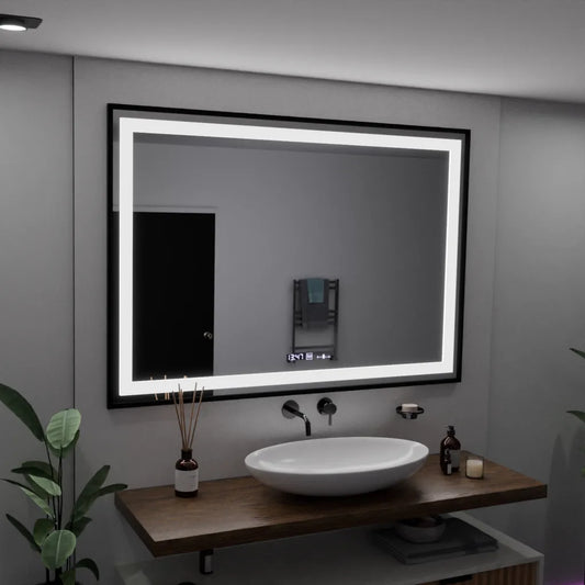 Miroir LED rectangulaire, 100x65 cm, Verite Majeste Noir Motion Glow Marcello, système anti-buée, horloge et thermomètre, intensité variable
