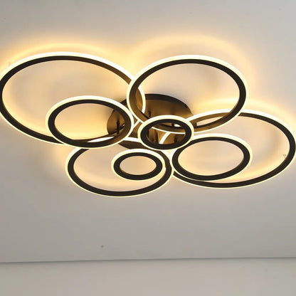 Lustre LED avec télécommande BETTY 130W, 8 Cercles, Lumière Froide/Chaude/Neutre, Dimmable, Noir