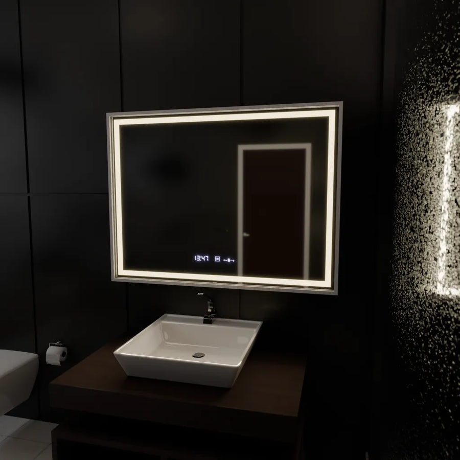 Miroir LED rectangulaire, 80 x 60 cm, Verite Imperial Silver Motion Glow Marcello, système anti-buée, horloge et thermomètre, intensité variable