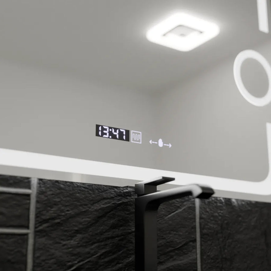 Miroir LED rectangulaire, 80x60 cm, Eclat MotionGlow Marcello, système anti-buée, horloge et thermomètre, loupe cosmétique, intensité variable