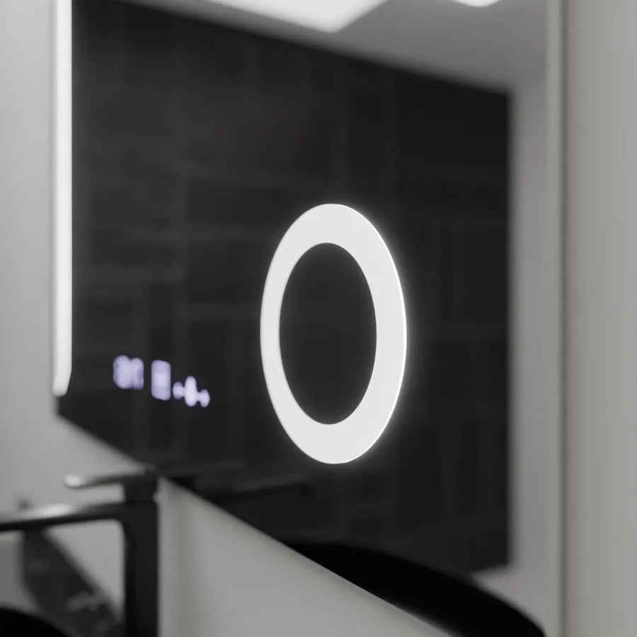 Miroir LED rectangulaire, 100x80 cm, Precision MotionGlow Marcello, système anti-buée, horloge et thermomètre, loupe cosmétique, variable