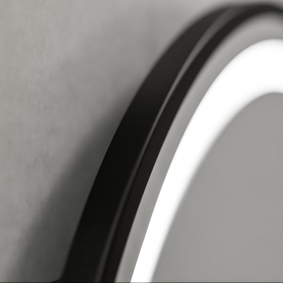 Miroir rond LED, 60 cm, Celeste Majesté Noir MotionGlow Marcello, système anti-buée, horloge et thermomètre, intensité variable