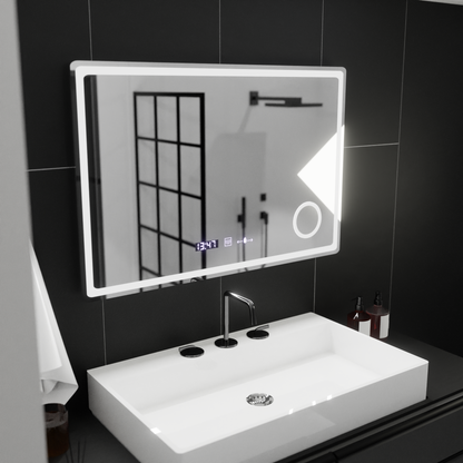 Miroir LED rectangulaire, 90x60 cm, Velour MotionGlow Marcello, système anti-buée, horloge et thermomètre, loupe cosmétique, intensité variable