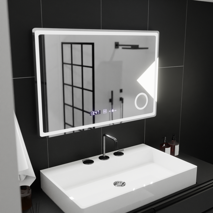 Miroir LED rectangulaire, 90x60 cm, Velour MotionGlow Marcello, système anti-buée, horloge et thermomètre, loupe cosmétique, intensité variable