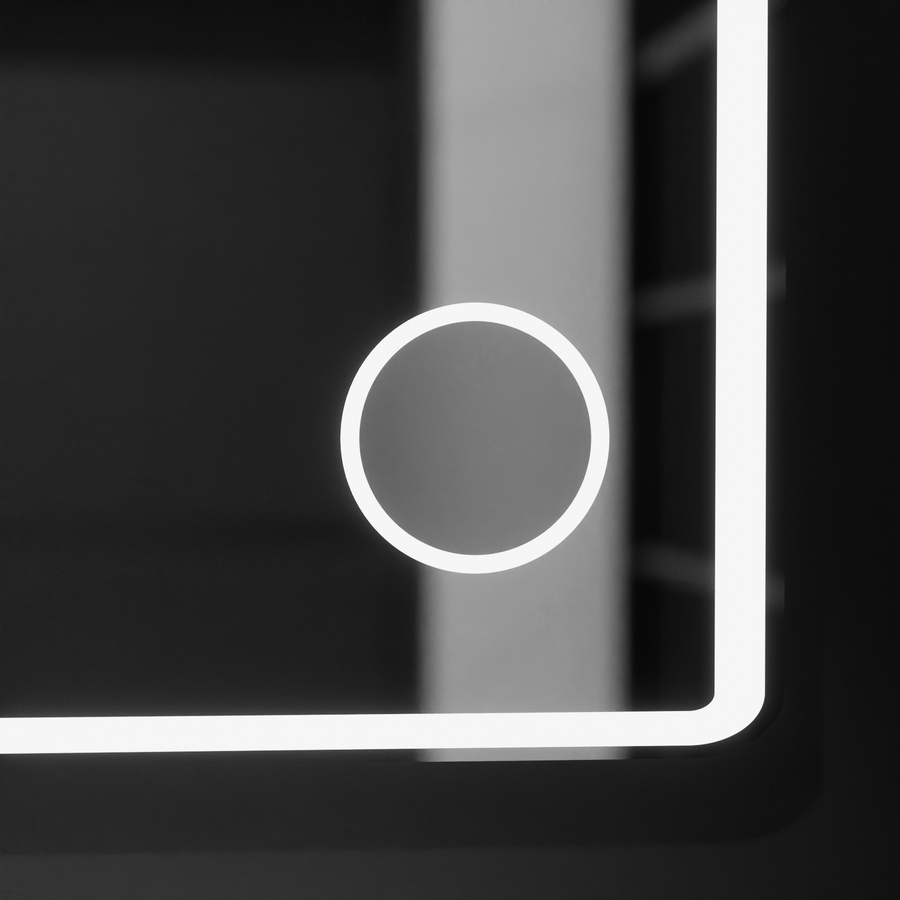 Miroir LED rectangulaire 120x80 Aura Riflesso Puro MotionGlow Marcello, système anti-buée, thermomètre et horloge, dimmable