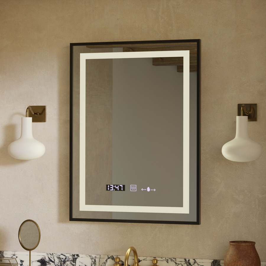 Miroir LED rectangulaire, 60x80 cm, Verite Majeste Noir Motion Glow Marcello, système anti-buée, horloge et thermomètre, intensité variable