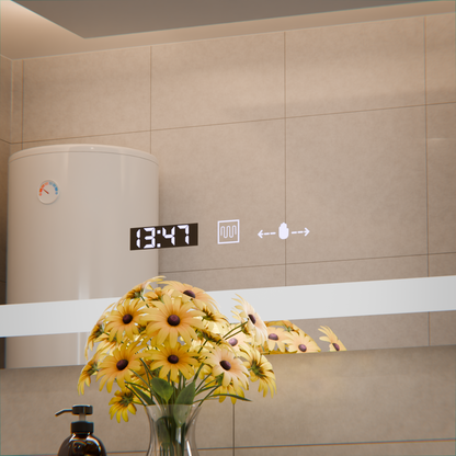 Miroir LED rectangulaire, 80x60 cm, Verite MotionGlow Marcello, système anti-buée, horloge et thermomètre, intensité variable