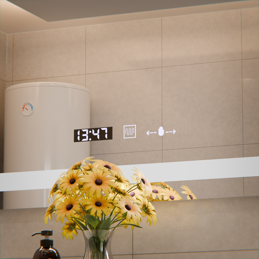 Miroir LED rectangulaire, 80x60 cm, Verite MotionGlow Marcello, système anti-buée, horloge et thermomètre, intensité variable