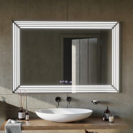 Miroir LED rectangulaire, 120x80cm, Venezia Sensor MotionGlow Marcello, système anti-buée, horloge et thermomètre, intensité variable