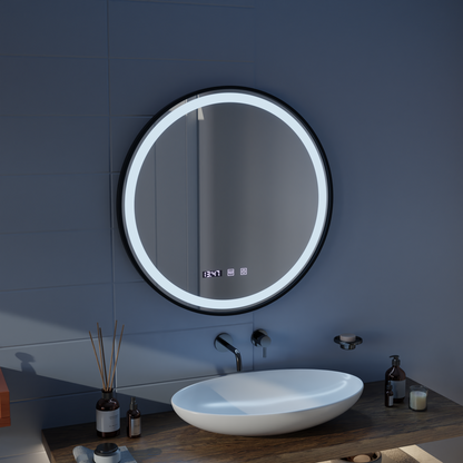 Miroir LED Tactile NOVARA Système Désembuage, Horloge et Température 50 cm Cadre Noir Brossé