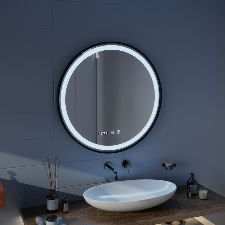 Miroir LED Tactile NOVARA Système Désembuage, Horloge et Température 50 cm Cadre Noir Brossé