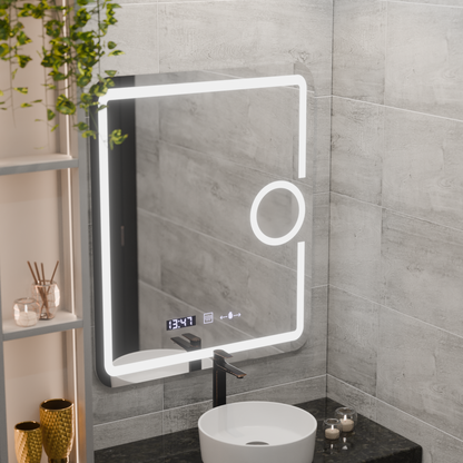 Miroir LED rectangulaire, 75x90cm, Eclat MotionGlow Marcello, système anti-buée, horloge et thermomètre, loupe cosmétique, variable